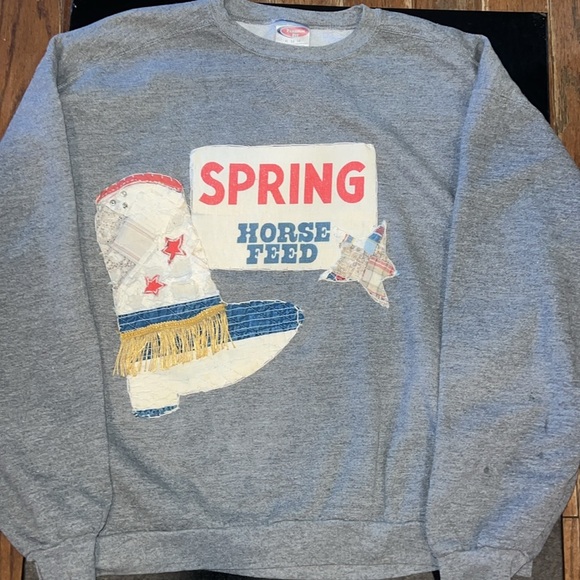 Vintage Handmade Upcycled Patchwork Quilt Western Crewneck Gray Sweatshirt - Picture 1 of 7
